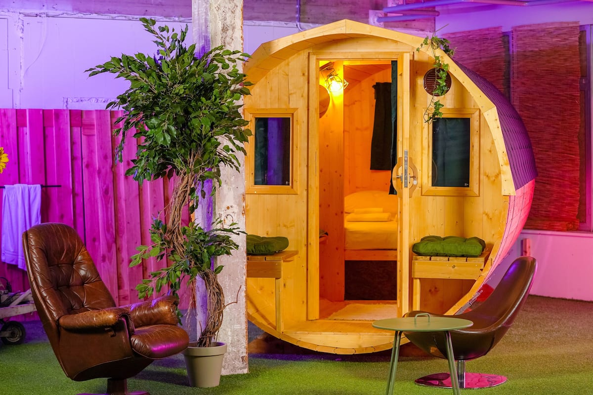 A cozy wooden cabin with a single bed, a potted plant, and a leather chair.