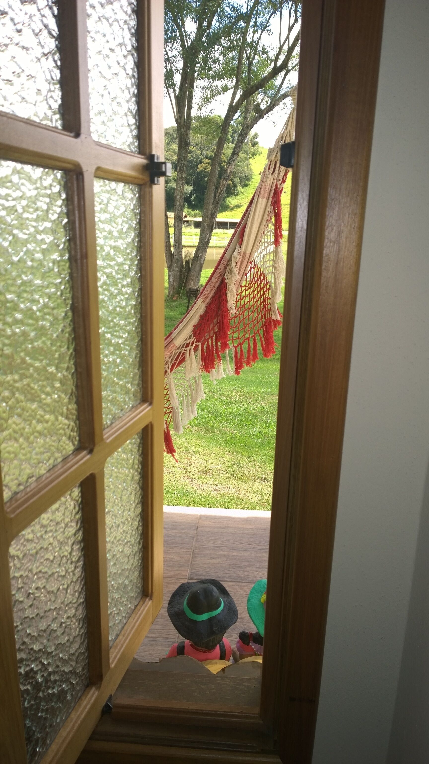 An open doorway leading to a hammock in a grassy area.