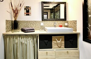 Hair dryer, towels, soap, shampoo