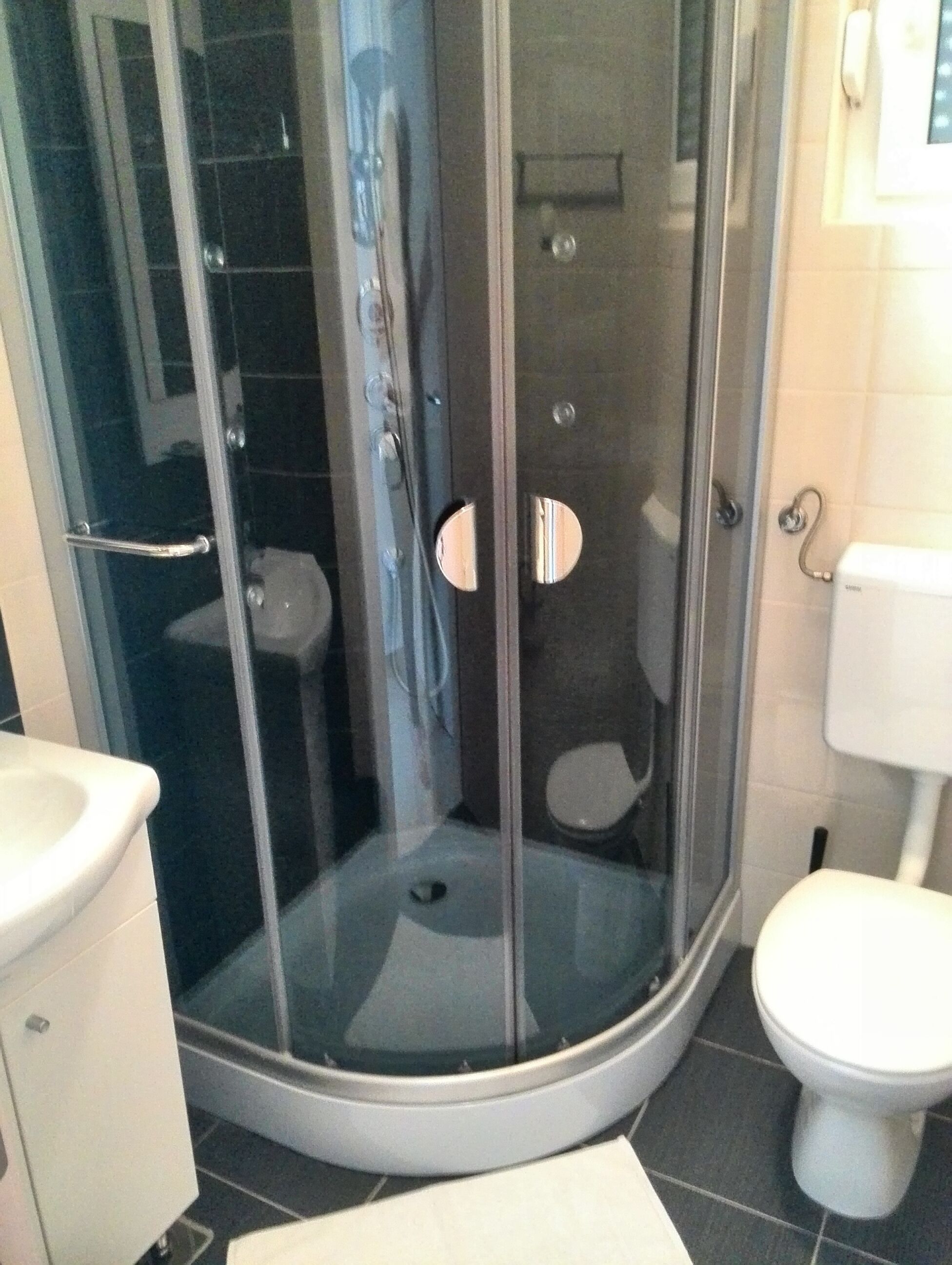 A modern bathroom with a glass-enclosed shower, a toilet, and a sink.