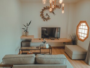 Private Dorm Room (Free Drop Off to Airport) | Living room | 50-inch Smart TV with digital channels, TV, Netflix - Wayla Villa Maikhao Beach (Mai Khao)