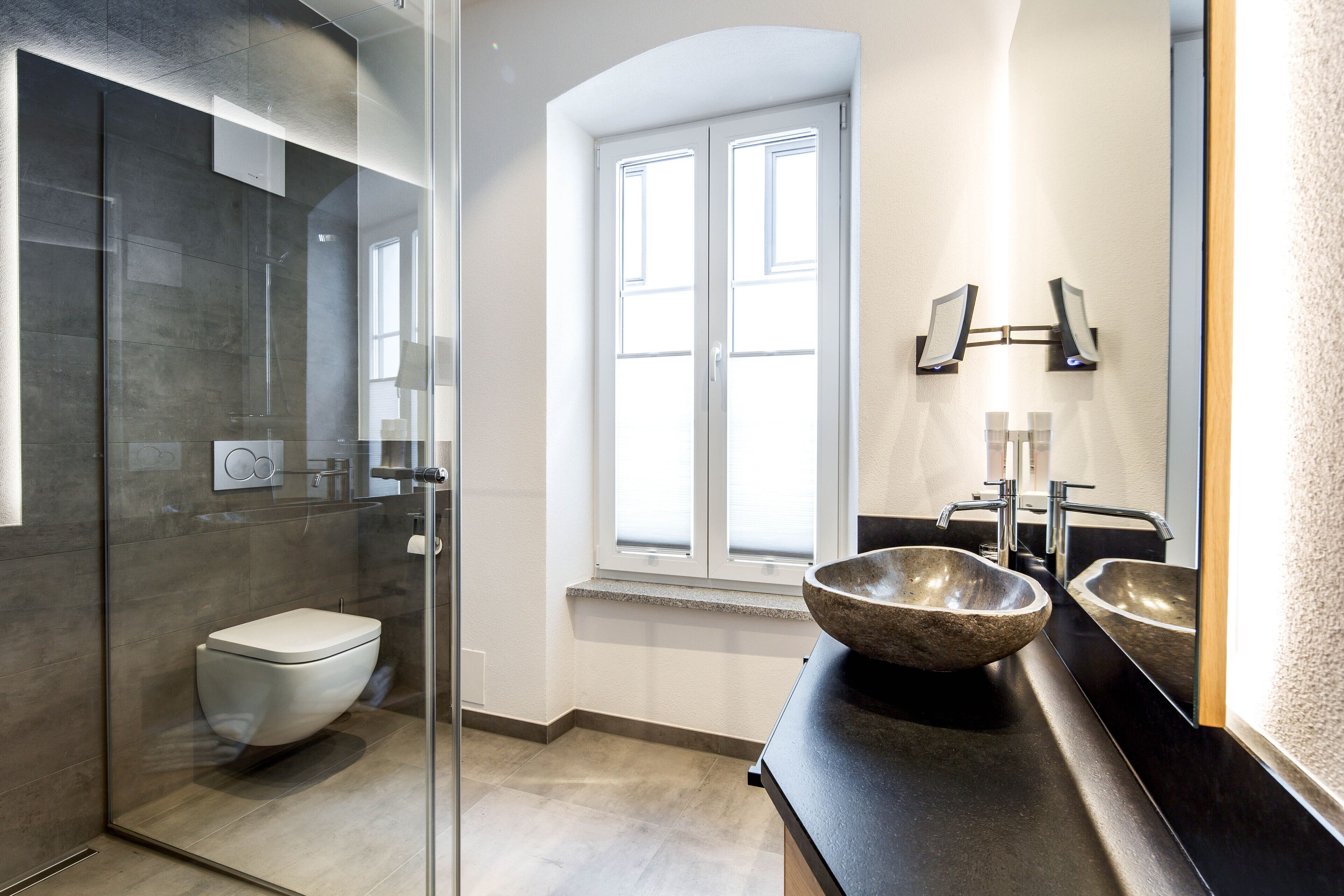 A modern bathroom with a glass-enclosed shower, a white toilet, a large mirror, and a stone sink.