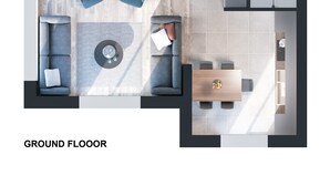 En planlösning i markplan med två sovrum, ett badrum, ett vardagsrum med soffa och soffbord samt en matplats.