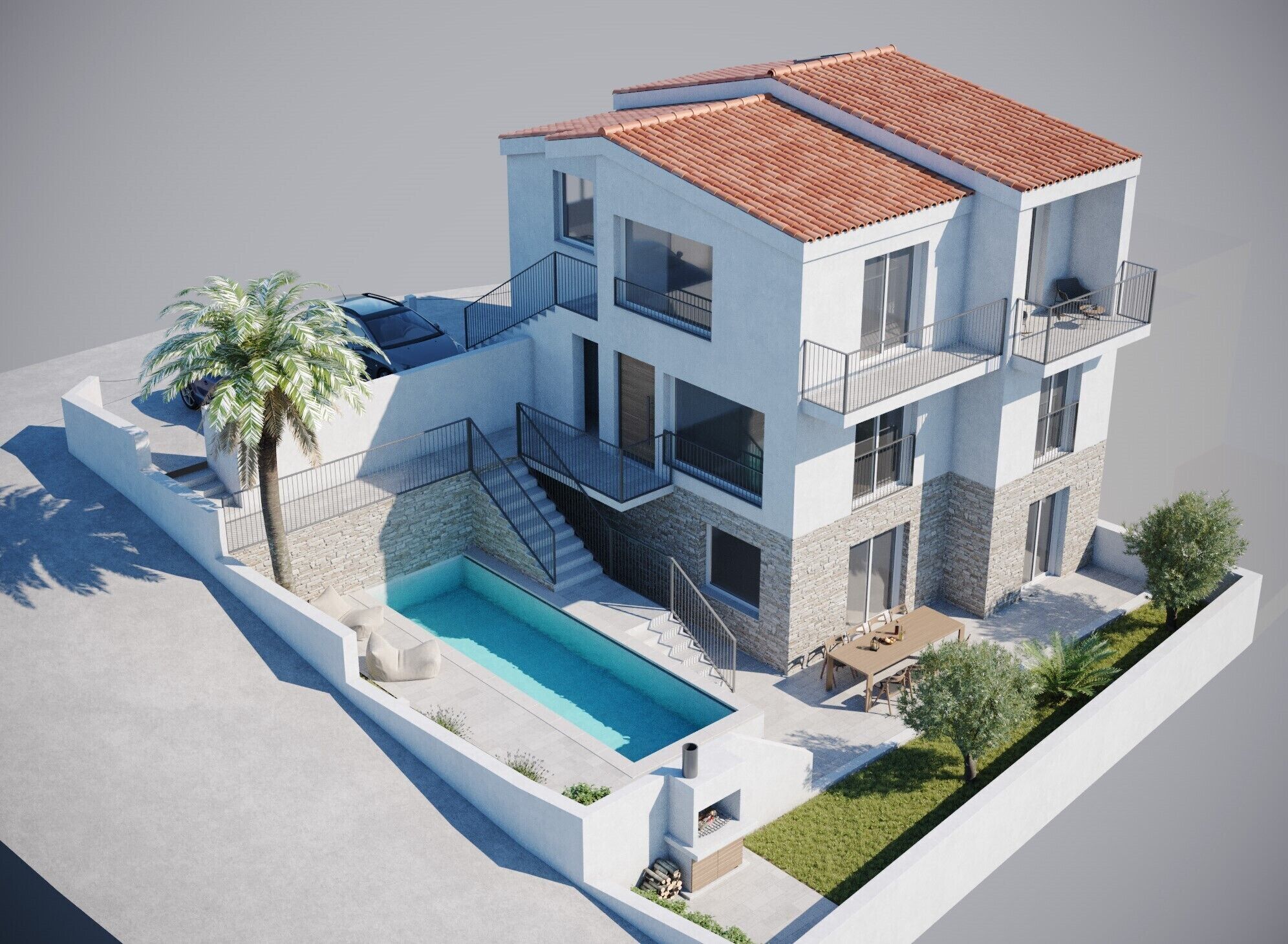 A modern multi-story building with a rooftop pool, balconies, and a landscaped garden.