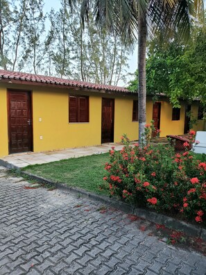 A yellow building with multiple doors and windows, surrounded by a paved area and a small garden with red flowers.
