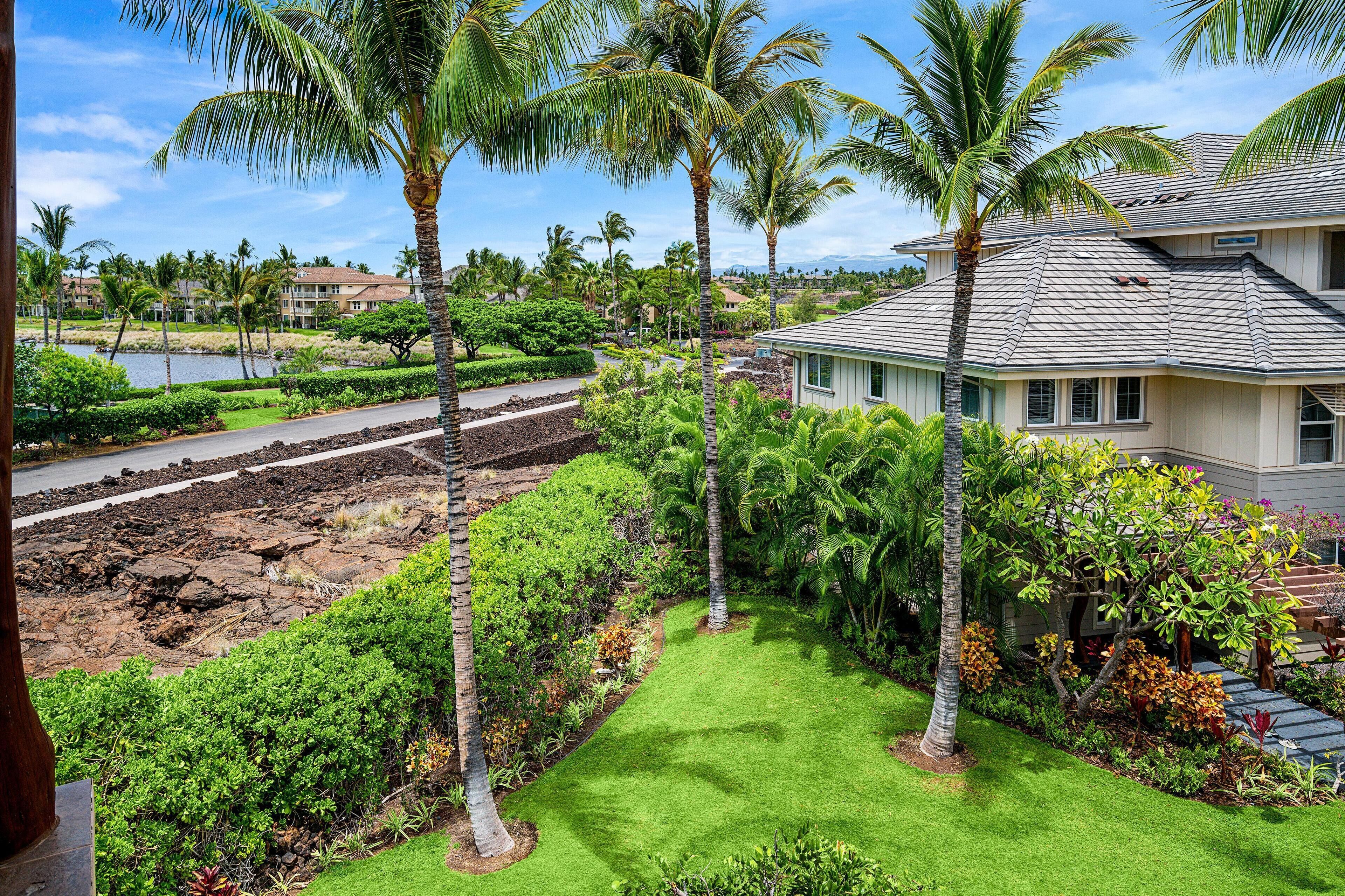 A residential area with a well-maintained lawn, palm trees, and a view of a body of water.