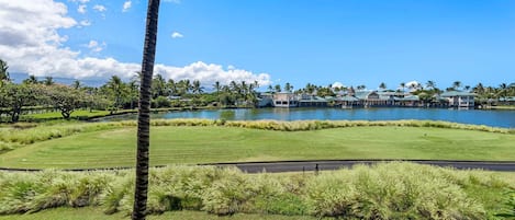 A golf course with a pond, palm trees, and a building complex in the background.