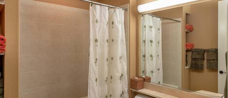 Un baño con cortina de ducha, inodoro, lavabo y espejo.