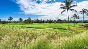 A golf course with a clear sky, palm trees, and a well-maintained green. - Waikoloa Beach Villas G2 (Waikoloa)