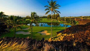 A golf course with a pond, palm trees, and a clear sky. - Waikoloa Beach Villas J32 (Waikoloa)
