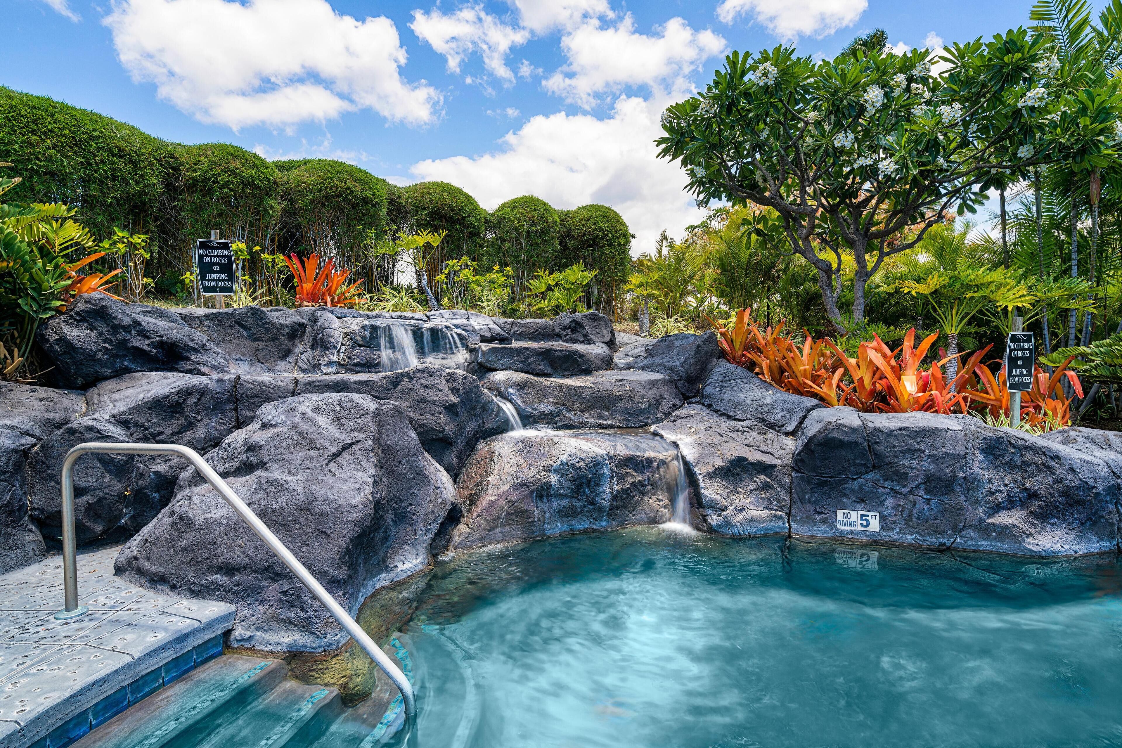 A natural pool with a waterfall, surrounded by tropical vegetation and rocks.