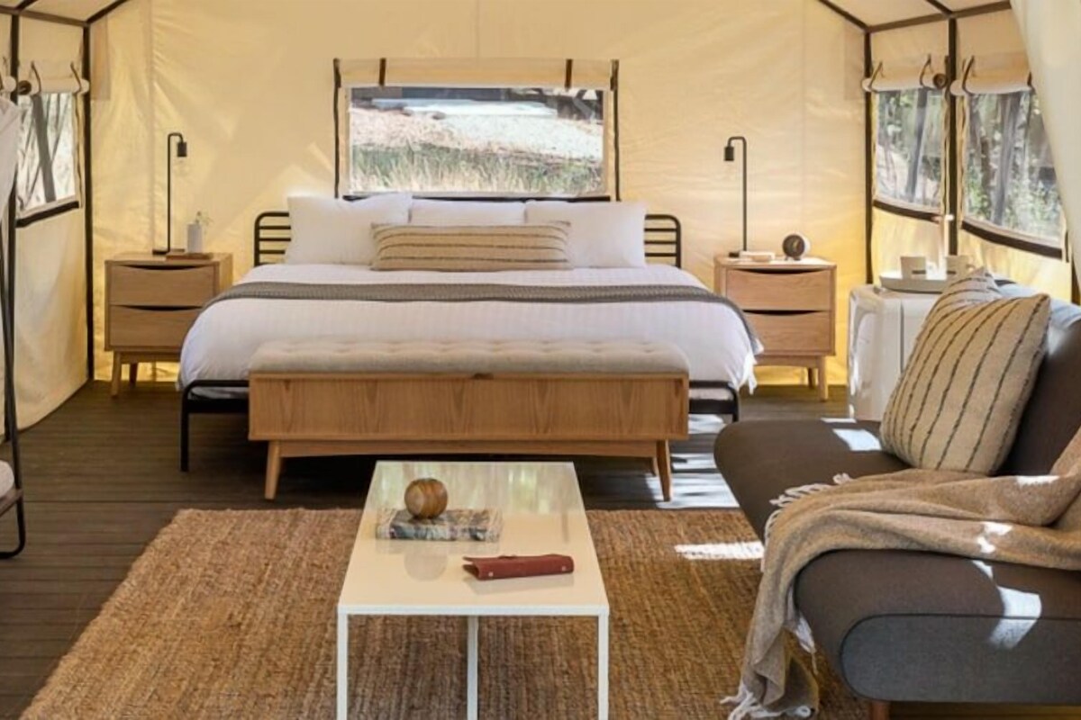 A tented room with a bed, bedside tables, a sofa, and a coffee table.