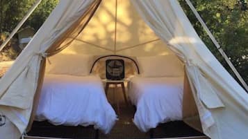 A tent with a bed inside, surrounded by trees.