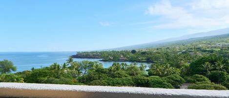 A balcony with a view of a coastal landscape, including a body of water, greenery, and distant mountains.