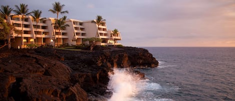 A beachfront hotel with multiple balconies, palm trees, and a rocky shoreline.