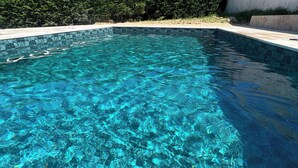 A clear swimming pool with a tiled edge, surrounded by a hedge and a concrete wall. - Domaine du chauvet (Ambares-et-Lagrave)