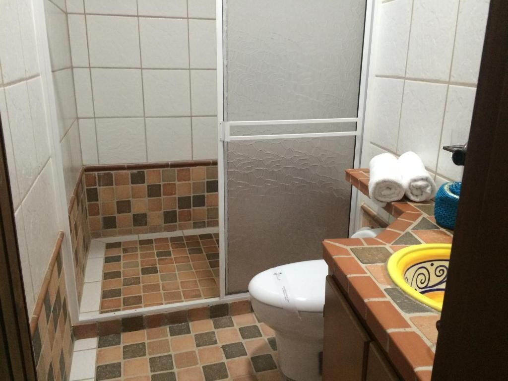 Un baño con ducha, inodoro y lavamanos.