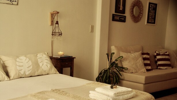 A bedroom with a bed, a bedside table with a lamp, a small plant, and a sofa with pillows. - Cozy studio in the heart of Recoleta (CABA)