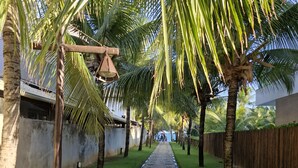 A paved pathway lined with palm trees and a fence, leading to a building with a white facade. - ⭐🌴 House in Guarajuba, 3 Bedrooms with Pool, 150m from the Sea (Guarajuba)