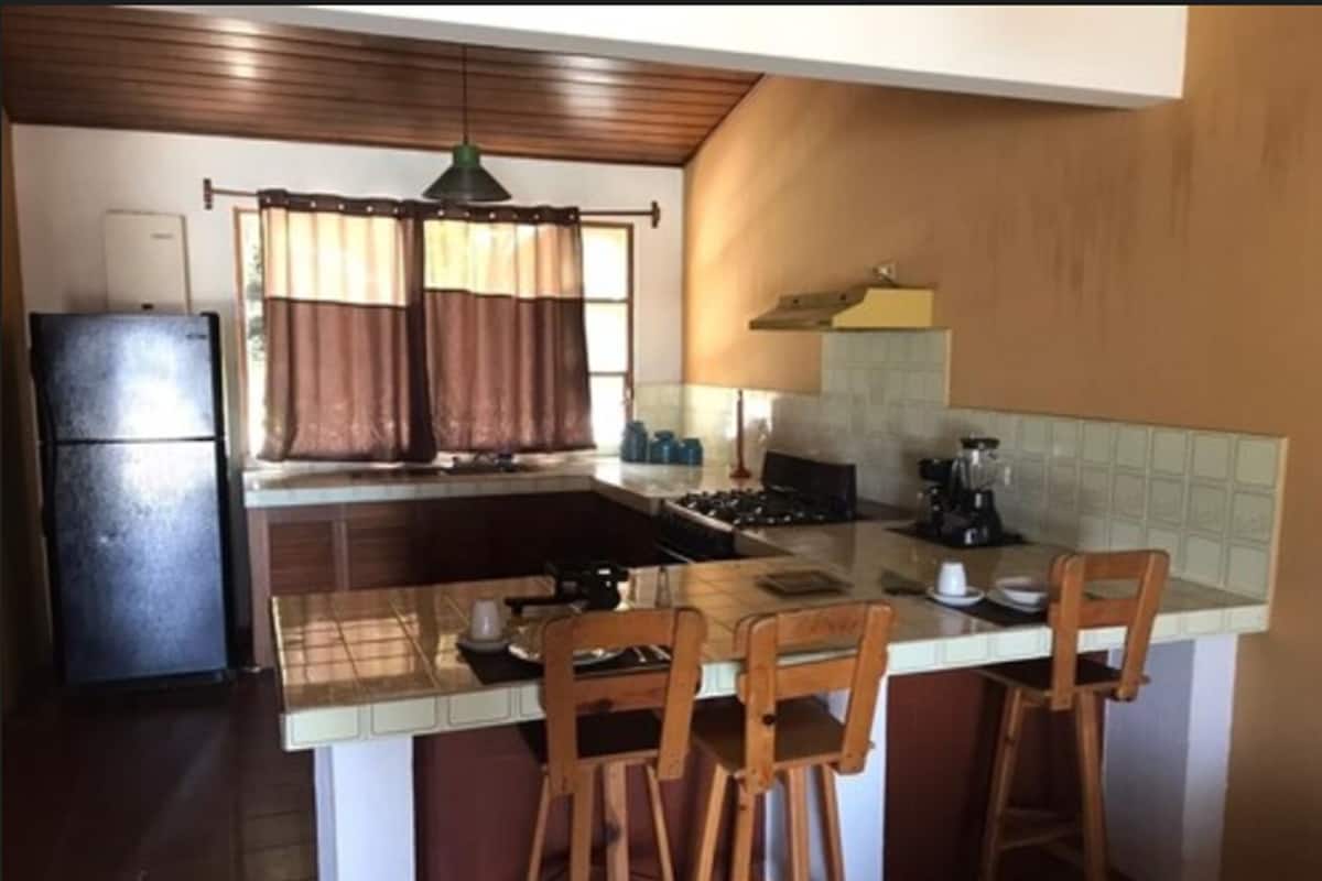 Een keuken met een centraal eiland, houten stoelen, een koelkast en een fornuis.