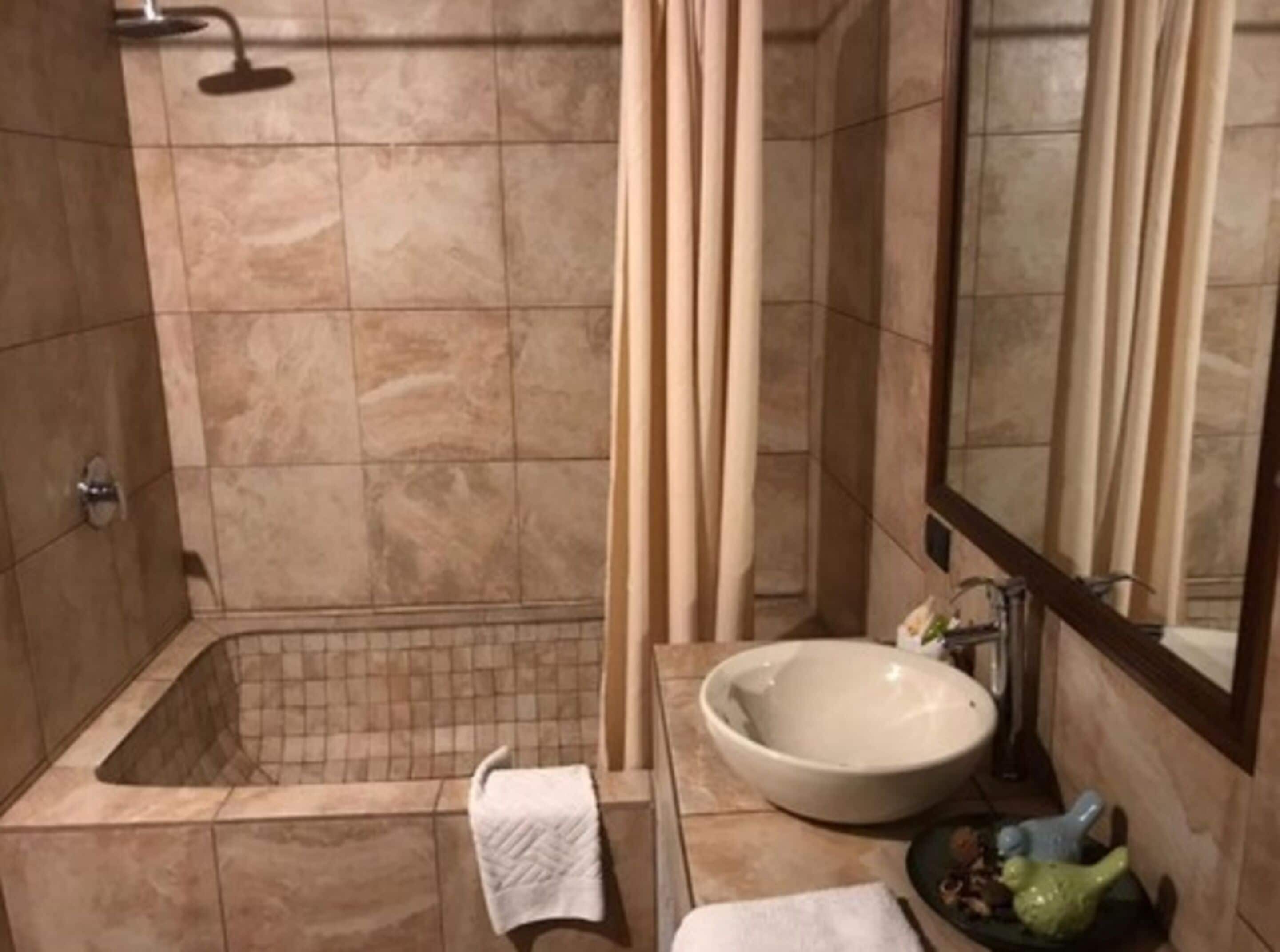standard double room | bathroom | combined shower/bathtub, rainfall showerhead, towels, soap
