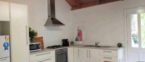 A spacious kitchen with a large rustic table, essential appliances, and overlooks cottage gardens.