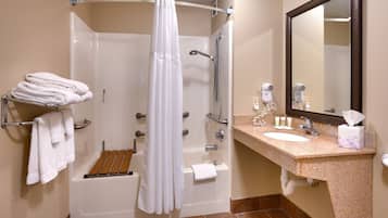 Hair dryer, towels, soap, shampoo