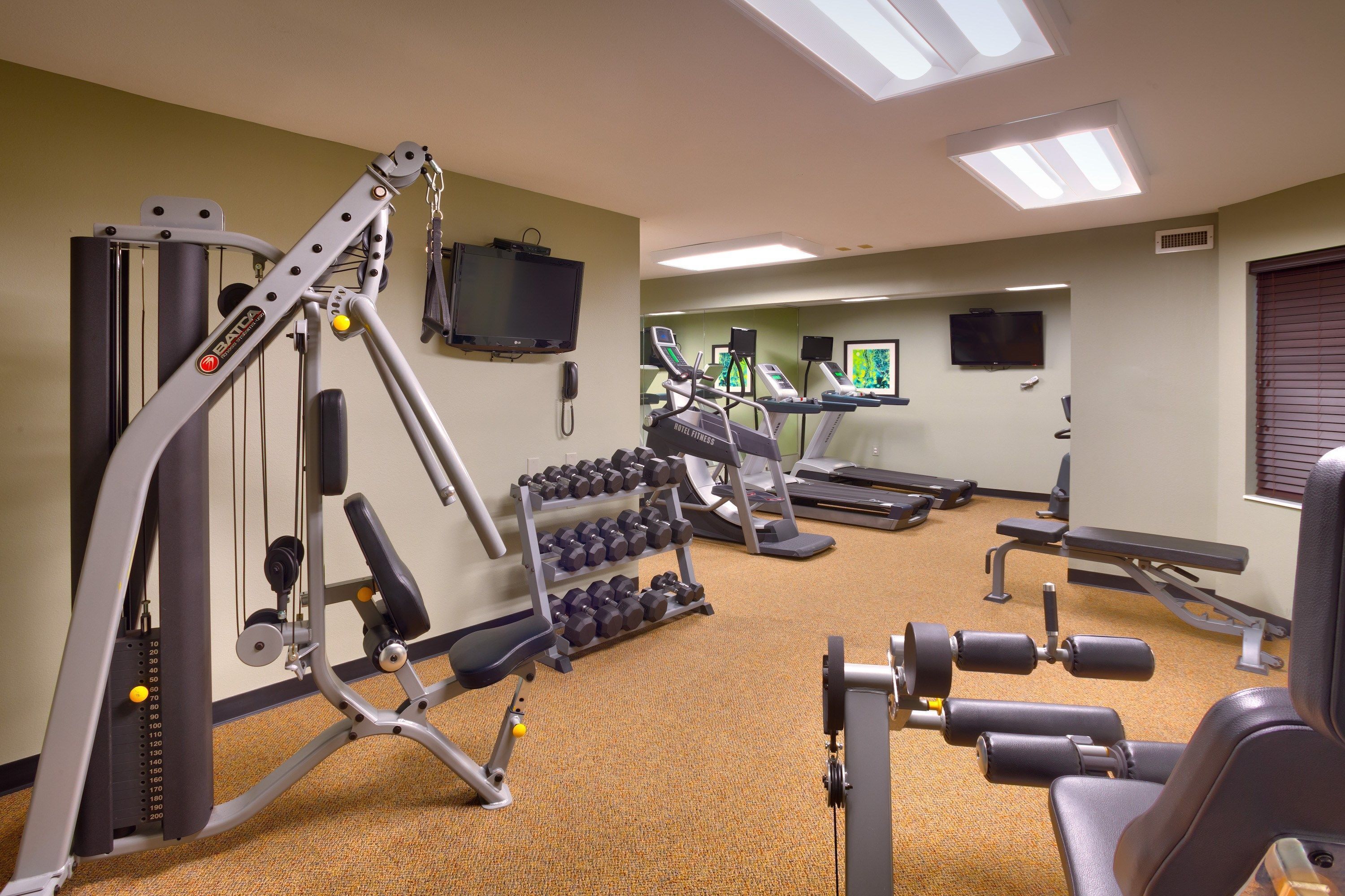 A gym with cardio machines, weightlifting equipment, and dumbbells.