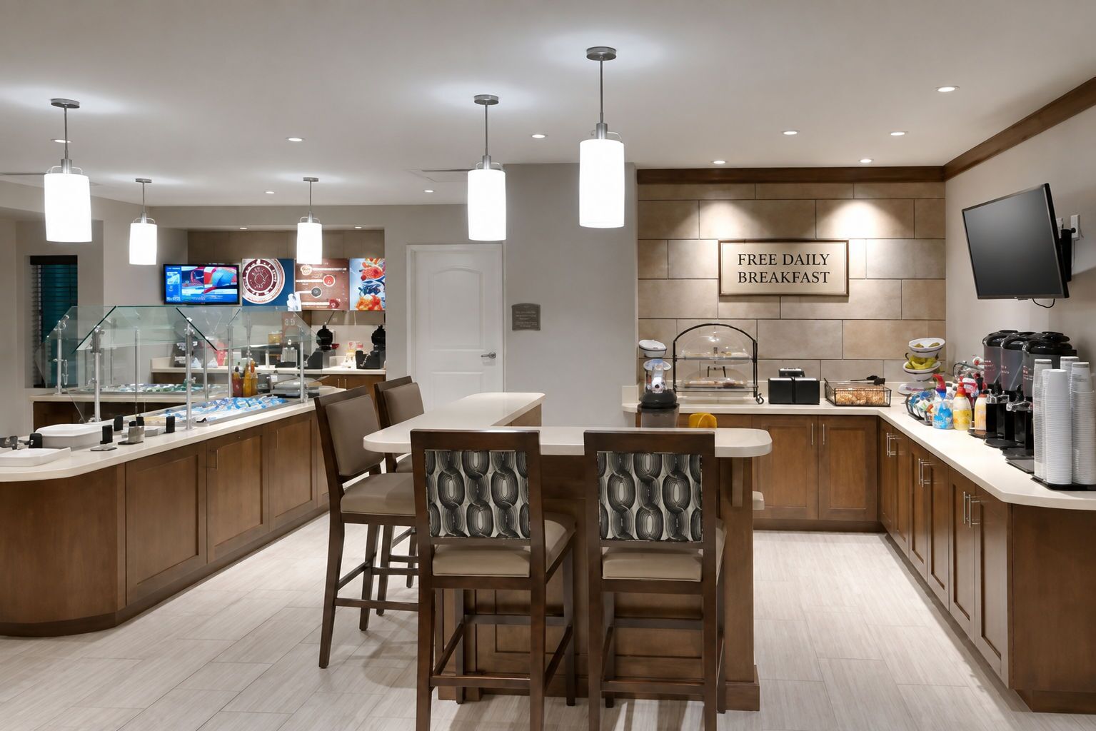 A modern kitchen with a breakfast bar, a TV, and a sign offering free daily breakfast.