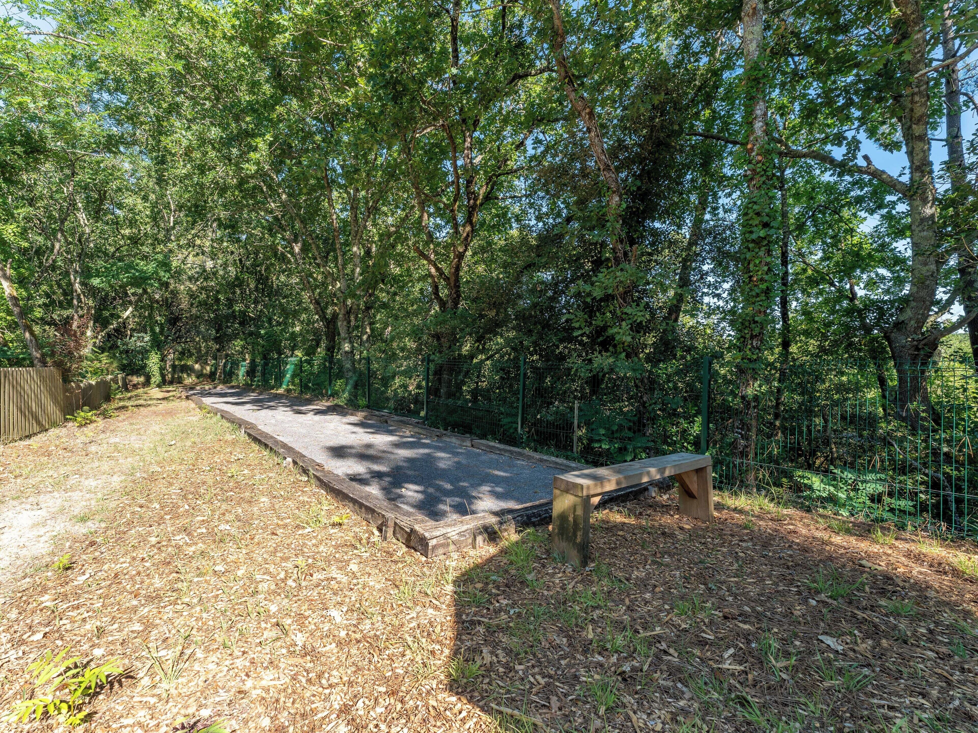 Un banc situé dans une zone boisée, à proximité d’un sentier de terre.