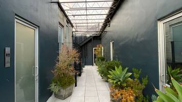 A corridor with a glass ceiling, potted plants, and a tiled floor.