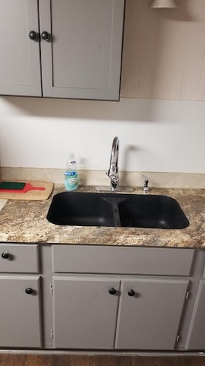 Kitchen area features a double sink, stainless steel faucet, and granite-like countertop.