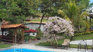 A pool area with a gazebo, a chair, and a tree with pink flowers. - Hotel La Montoya (Curiti)
