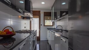 A modern kitchen with stainless steel appliances, a central island with fruit, and a window with a view. - INNOUTHOME GARDEN, SWIMING-POOL,BEACH AT 150M,BBQ, AC AND WIFI_VIRGEN CINTA II (L'Ametlla de Mar)