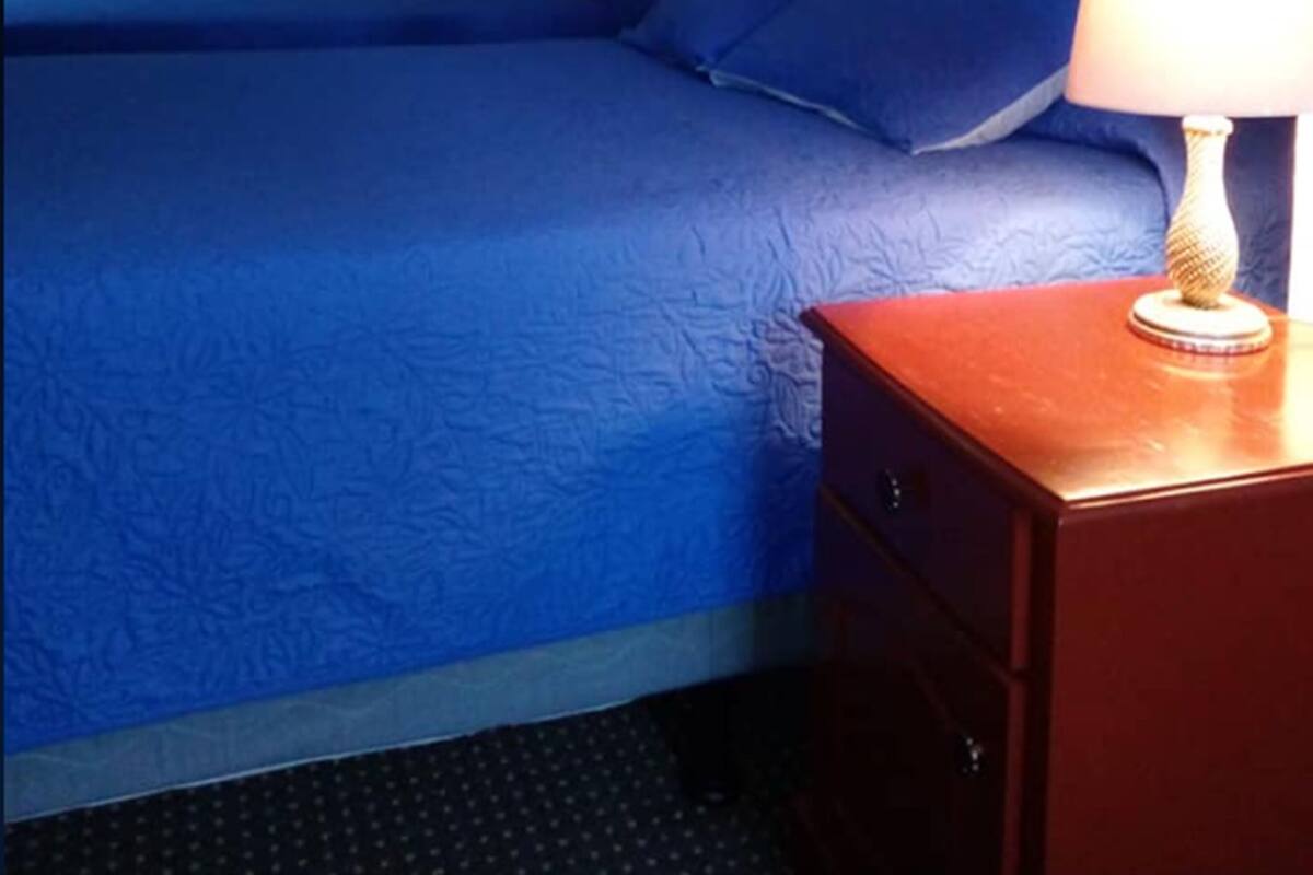 A room with a bed, a wooden nightstand with a lamp, and a patterned carpet.