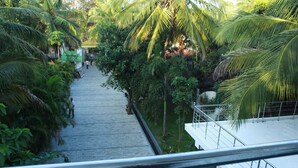 Ein Weg, gesäumt von üppiger Vegetation und Palmen, der zu einem Gebäude mit weißer Fassade und einem Balkon führt.