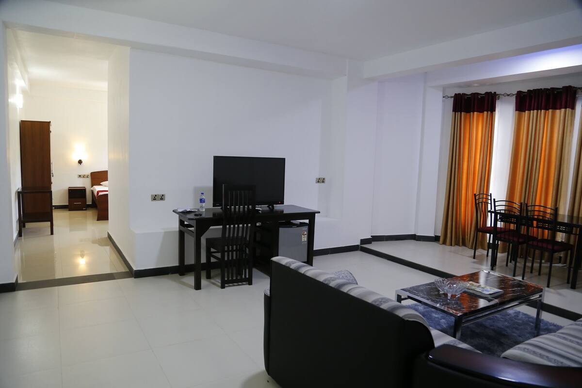 A living room with a sofa, a coffee table, a TV, and a dining area with chairs and a table.