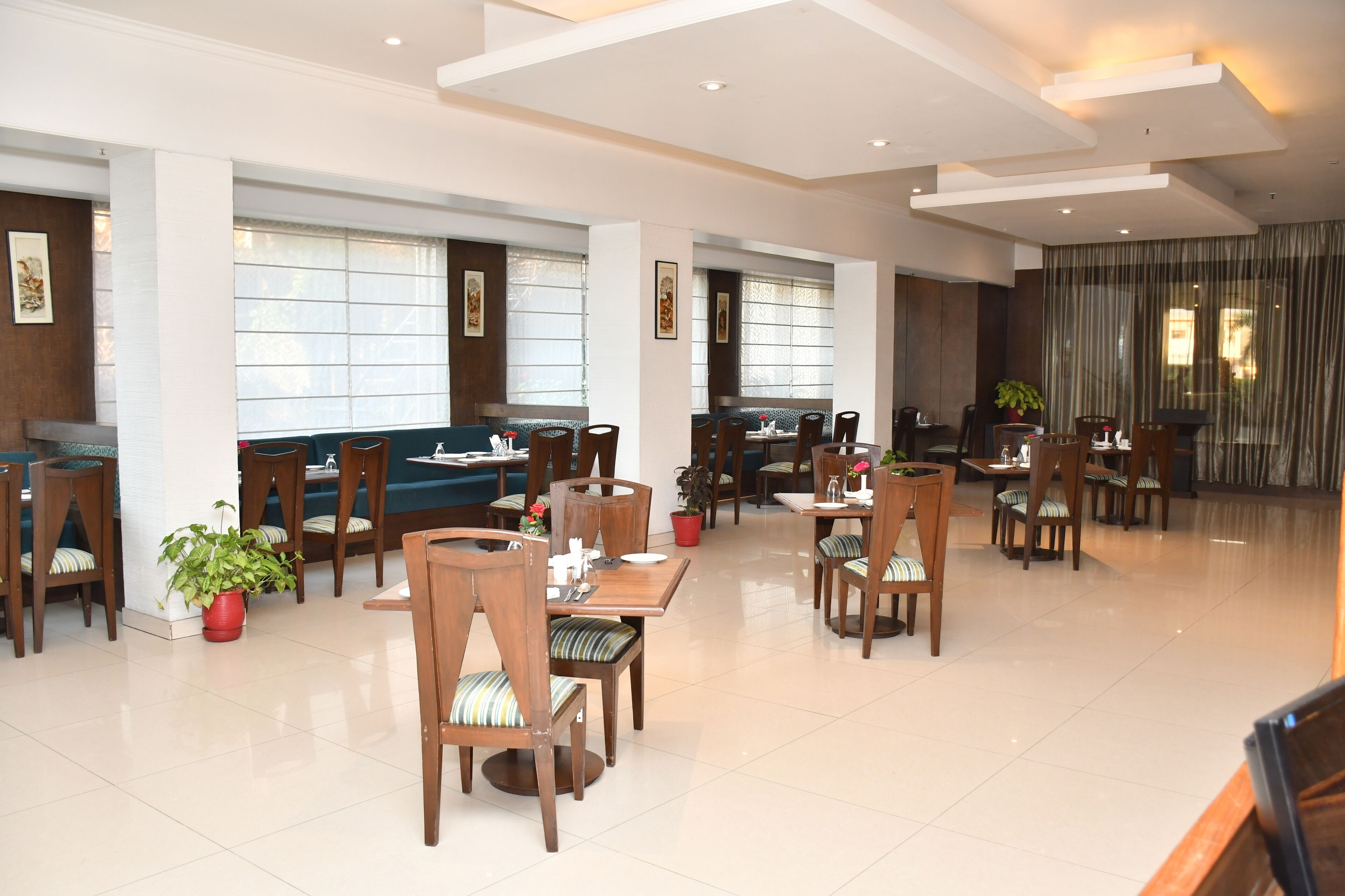 A spacious dining area with multiple tables and chairs, large windows, and potted plants.