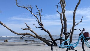 A bicycle parked on a beach with a clear view of the ocean and a tree in the background. - Lloyd's Lodge: Spacious Fripp Island Retreat with Golf, Beaches, Pools, and Screened Porch! (Fripp Island)