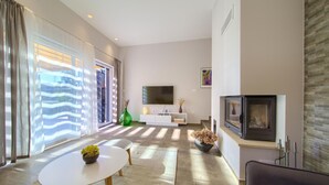 A modern living room with a flat-screen TV, a fireplace, and a large window with curtains. - Luxurious home in Risika (Risika)