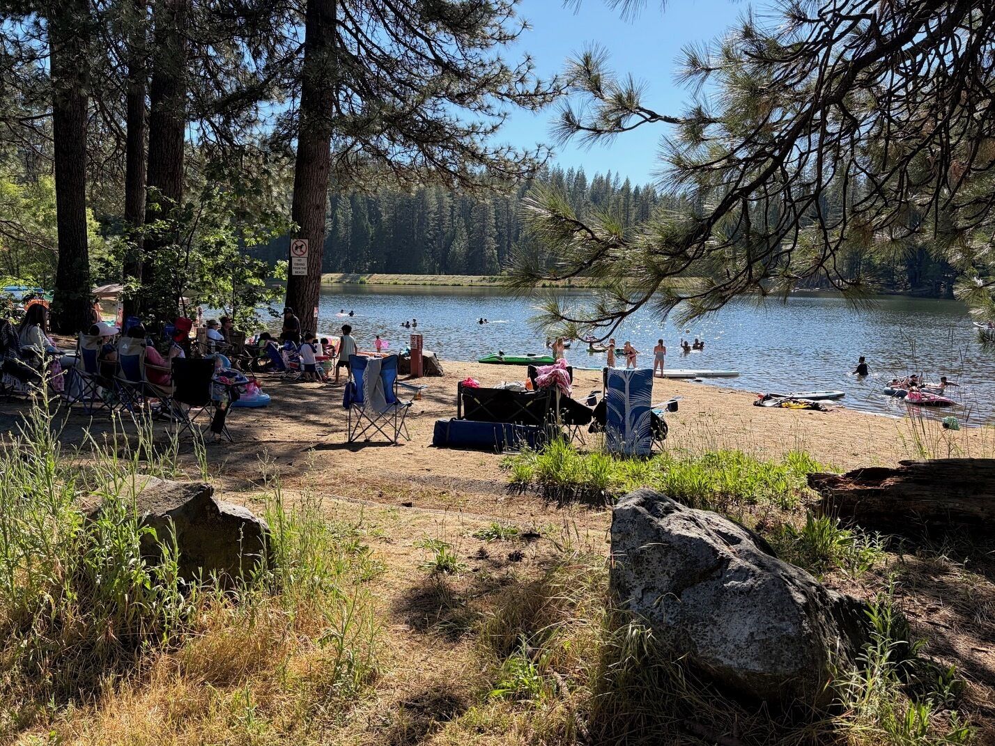 A lakeside setting with people relaxing on the shore, surrounded by trees and a clear view of the water.