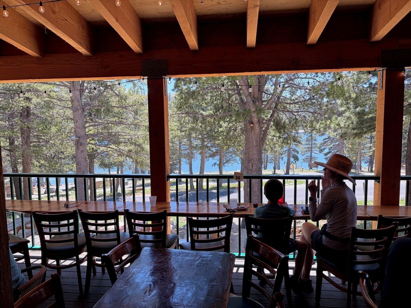 An outdoor seating area with wooden tables and chairs, overlooking a forested area.