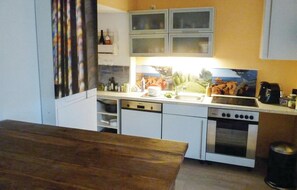 Fridge, stovetop, dishwasher, coffee/tea maker