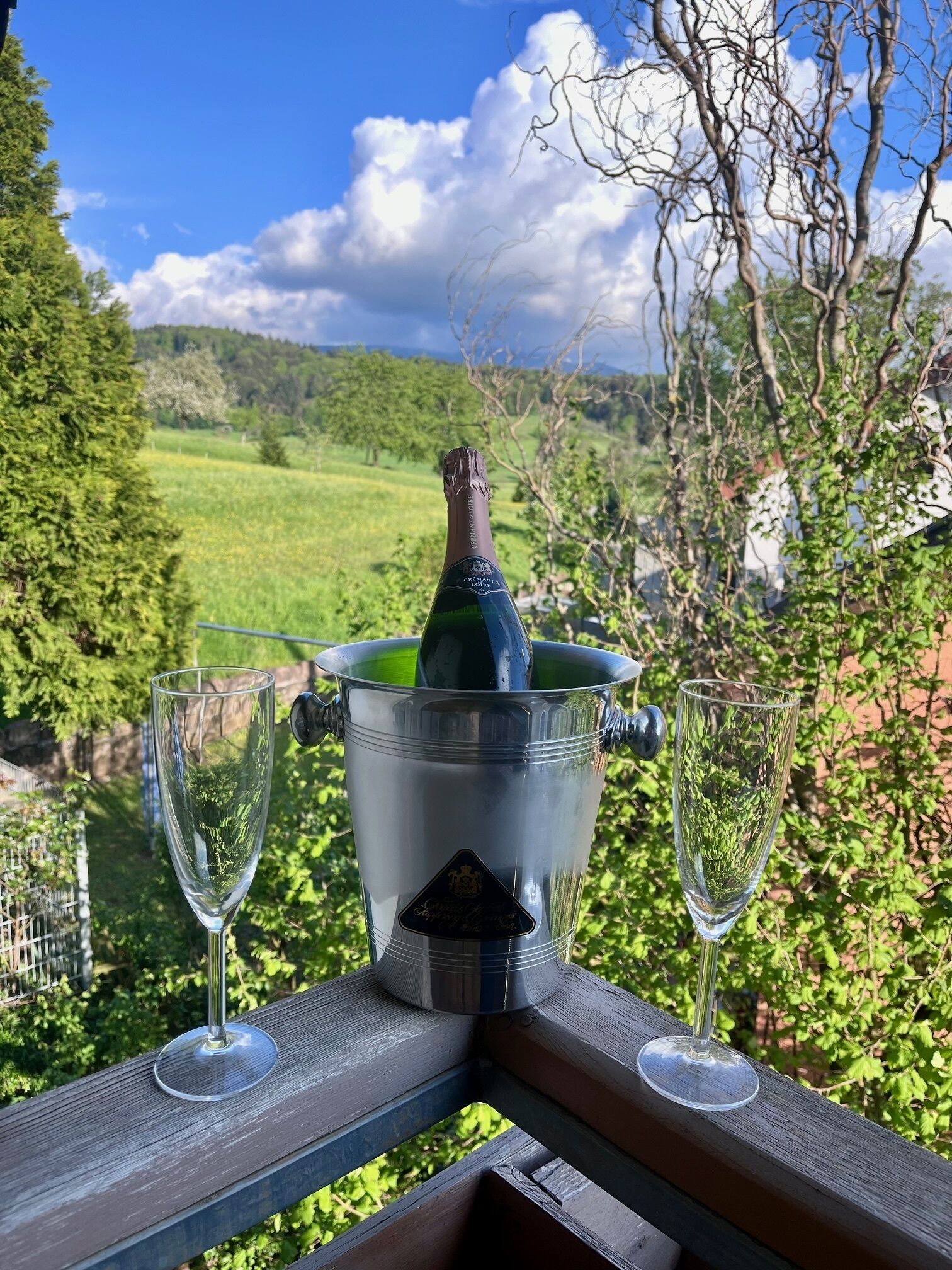 A bottle of champagne in a metal bucket with two glasses on a wooden deck, overlooking a green landscape.
