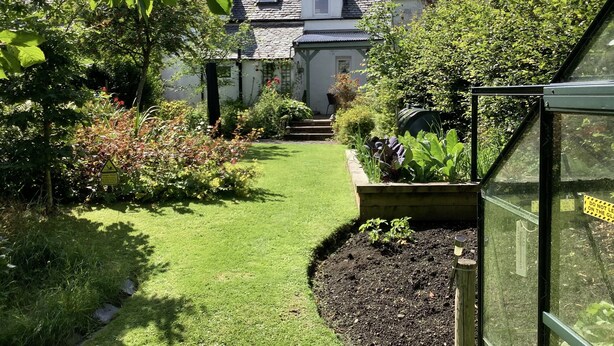 Ein Gartenweg führt zu einem Haus mit geneigtem Dach und Satellitenschüssel.