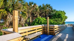 Pasarela de madera con bancos, rodeada de exuberante vegetación y palmeras, que conduce a una playa.