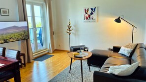 Smart TV, fireplace, books, stereo