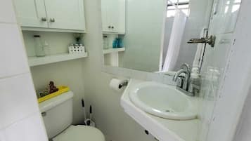 Hair dryer, towels, soap, shampoo