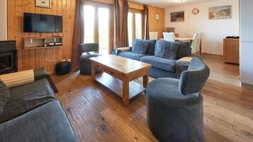 Télévision, cheminée, lecteur de DVD