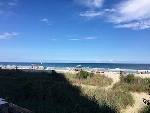 A beach with people and umbrellas, a clear sky, and the ocean in the background. - INCREDIBLE VIEW FROM FLOOR TO CEILING WINDOWS! Relax and unwind.  Corner Unit! (Myrtle Beach)